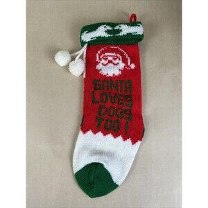 Vtg 1990's SANTA‎ LOVES DOGS TOO 12" Knit Christmas Stocking Holiday Decor